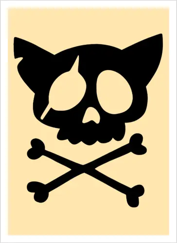 Grafik mit rosa Katzenschädel und gekreuzten Knochen