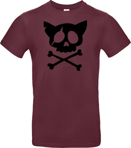 Grafik mit rosa Katzenschädel und gekreuzten Knochen