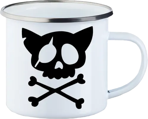 Grafik mit rosa Katzenschädel und gekreuzten Knochen