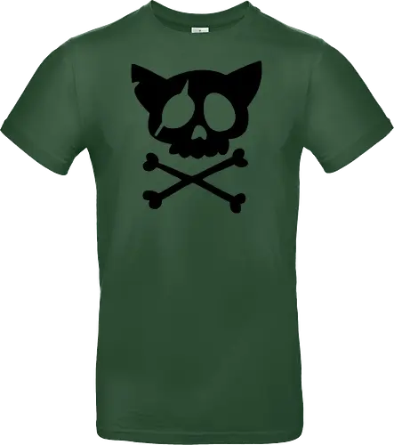 Grafik mit rosa Katzenschädel und gekreuzten Knochen