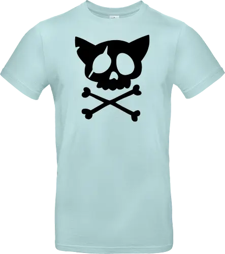 Grafik mit rosa Katzenschädel und gekreuzten Knochen