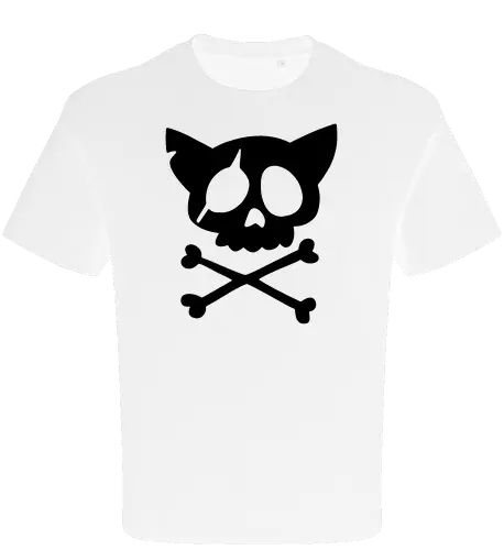 Grafik mit rosa Katzenschädel und gekreuzten Knochen