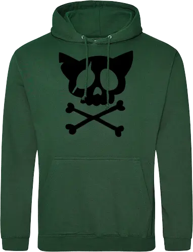 Grafik mit rosa Katzenschädel und gekreuzten Knochen