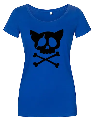 Grafik mit rosa Katzenschädel und gekreuzten Knochen