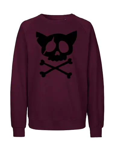 Grafik mit rosa Katzenschädel und gekreuzten Knochen - Katzenschädel, gekreuzte Knochen, Emo-Ästhetik, Punkrock, Alternative Mode, Totenkopfkunst, Kawaii-Horror, Gruseliges Pink, Skelettkatze, Gothic, Grunge, Vektorgrafik, Minimalistisch, Pinke Ästhetik, Kantige Kunst. - Fairtrade Sweatshirt
