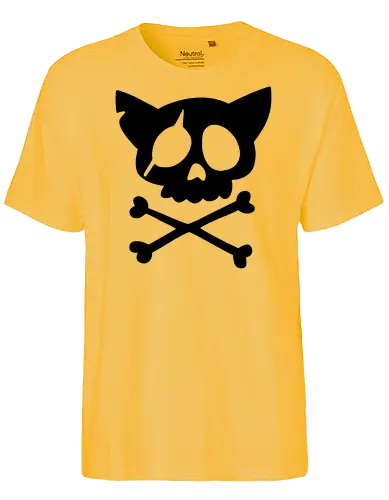 Grafik mit rosa Katzenschädel und gekreuzten Knochen - Katzenschädel, gekreuzte Knochen, Emo-Ästhetik, Punkrock, Alternative Mode, Totenkopfkunst, Kawaii-Horror, Gruseliges Pink, Skelettkatze, Gothic, Grunge, Vektorgrafik, Minimalistisch, Pinke Ästhetik, Kantige Kunst. - Fairtrade T-Shirt