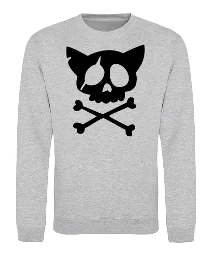 Grafik mit rosa Katzenschädel und gekreuzten Knochen - Katzenschädel, gekreuzte Knochen, Emo-Ästhetik, Punkrock, Alternative Mode, Totenkopfkunst, Kawaii-Horror, Gruseliges Pink, Skelettkatze, Gothic, Grunge, Vektorgrafik, Minimalistisch, Pinke Ästhetik, Kantige Kunst. - Sweatshirt