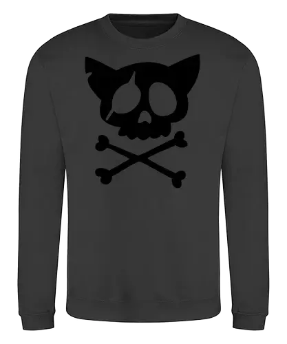 Grafik mit rosa Katzenschädel und gekreuzten Knochen - Katzenschädel, gekreuzte Knochen, Emo-Ästhetik, Punkrock, Alternative Mode, Totenkopfkunst, Kawaii-Horror, Gruseliges Pink, Skelettkatze, Gothic, Grunge, Vektorgrafik, Minimalistisch, Pinke Ästhetik, Kantige Kunst. - Sweatshirt