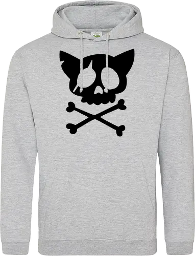 Grafik mit rosa Katzenschädel und gekreuzten Knochen