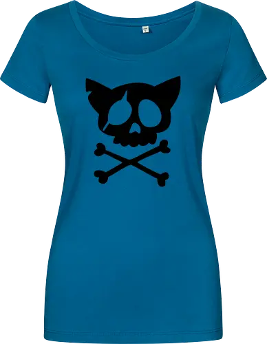 Grafik mit rosa Katzenschädel und gekreuzten Knochen