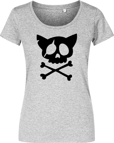 Grafik mit rosa Katzenschädel und gekreuzten Knochen