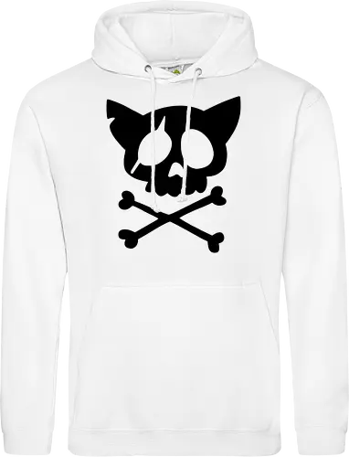 Grafik mit rosa Katzenschädel und gekreuzten Knochen