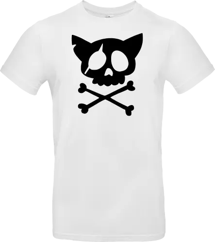 Grafik mit rosa Katzenschädel und gekreuzten Knochen