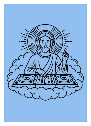 "DJ Jesus - dj jesus, electronic music shirt, jesus with headphones, techno priest, funny christian t-shirt, minimalist line art, dj lifestyle apparel, house music graphic tee, edm streetwear, celestial dj design, turntable art shirt, music festival top, religious humor clothing, dj gift ideas, modern jesus art, vinyl records graphic, clubbing outfit, creative music producer shirt, heavenly beats tee - Kunstdruck