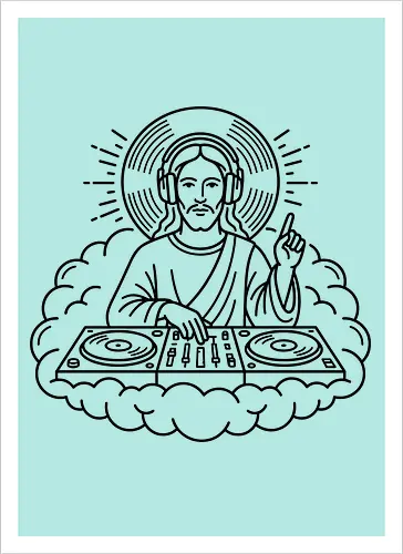 "DJ Jesus - dj jesus, electronic music shirt, jesus with headphones, techno priest, funny christian t-shirt, minimalist line art, dj lifestyle apparel, house music graphic tee, edm streetwear, celestial dj design, turntable art shirt, music festival top, religious humor clothing, dj gift ideas, modern jesus art, vinyl records graphic, clubbing outfit, creative music producer shirt, heavenly beats tee - Kunstdruck