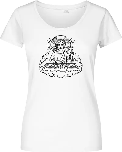 "DJ Jesus - dj jesus, electronic music shirt, jesus with headphones, techno priest, funny christian t-shirt, minimalist line art, dj lifestyle apparel, house music graphic tee, edm streetwear, celestial dj design, turntable art shirt, music festival top, religious humor clothing, dj gift ideas, modern jesus art, vinyl records graphic, clubbing outfit, creative music producer shirt, heavenly beats tee - Damen T-Shirt