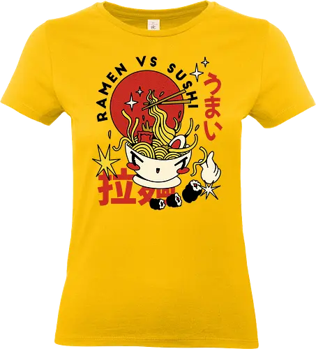 Ramen vs Sushi – Japanische Retro Food - ramen illustration, sushi kunst, japanisches essen kunst, retro japan illustration, ramen vs sushi, kawaii food design, japan pop art, lustige food kunst, vintage japan stil, nudel illustration, süßes ramen design, asiatische food kunst, japan cartoon stil - Standard T-Shirt (Frauen)