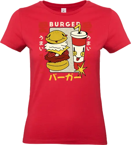 Burger Love – Kawaii Japanische Retro Food Art - burger illustration, kawaii burger kunst, japan retro stil, süße food kunst, burger liebe design, retro japan illustration, lustige food grafik, japan pop art, verspielte illustration, food charakter design, vintage japan ästhetik, kawaii illustration - Standard T-Shirt (Frauen)