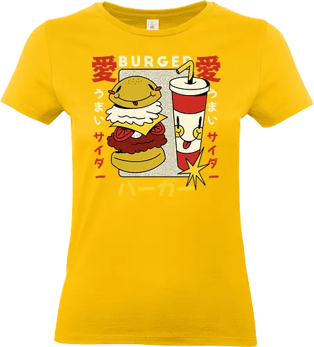 Burger Love – Kawaii Japanische Retro Food Art - burger illustration, kawaii burger kunst, japan retro stil, süße food kunst, burger liebe design, retro japan illustration, lustige food grafik, japan pop art, verspielte illustration, food charakter design, vintage japan ästhetik, kawaii illustration - Standard T-Shirt (Frauen)
