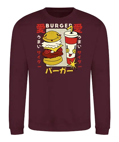 Burger Love – Kawaii Japanische Retro Food Art - burger illustration, kawaii burger kunst, japan retro stil, süße food kunst, burger liebe design, retro japan illustration, lustige food grafik, japan pop art, verspielte illustration, food charakter design, vintage japan ästhetik, kawaii illustration - Sweatshirt
