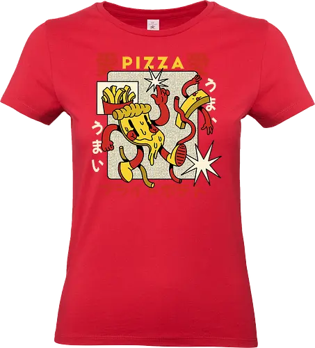 Pizza & Pommes – Japanische Retro Kawaii Food Art - pizza illustration, pommes illustration, japan retro kunst, kawaii food art, pizza cartoon, lustige food illustration, japan pop stil, vintage japan ästhetik, süßes food design, verspielte illustration, fast food kunst, retro cartoon food - Standard T-Shirt (Frauen)