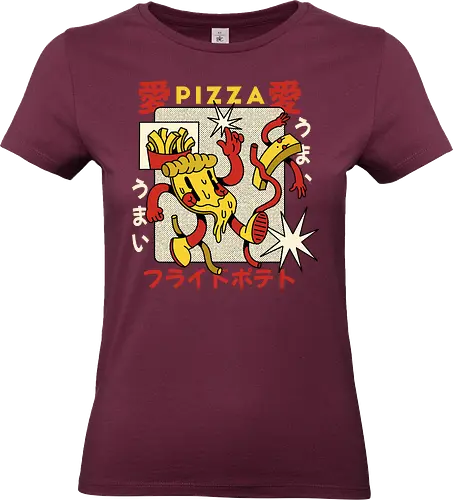 Pizza & Pommes – Japanische Retro Kawaii Food Art - pizza illustration, pommes illustration, japan retro kunst, kawaii food art, pizza cartoon, lustige food illustration, japan pop stil, vintage japan ästhetik, süßes food design, verspielte illustration, fast food kunst, retro cartoon food - Standard T-Shirt (Frauen)