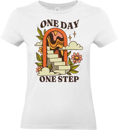 One Day One Step – Vintage Motivation Stairway Art - one day one step, progress illustration, motivational art print, self improvement design, vintage motivation art, personal growth artwork, step by step success, mental health motivation, positive progress art, retro inspirational, slow growth mindset, patience quote art, journey illustration, daily motivation art, encouragement design - Standard T-Shirt (Frauen)