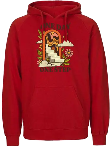 One Day One Step – Vintage Motivation Stairway Art - one day one step, progress illustration, motivational art print, self improvement design, vintage motivation art, personal growth artwork, step by step success, mental health motivation, positive progress art, retro inspirational, slow growth mindset, patience quote art, journey illustration, daily motivation art, encouragement design - Fairtrade Hoodie