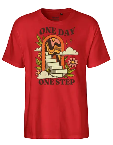 One Day One Step – Vintage Motivation Stairway Art - one day one step, progress illustration, motivational art print, self improvement design, vintage motivation art, personal growth artwork, step by step success, mental health motivation, positive progress art, retro inspirational, slow growth mindset, patience quote art, journey illustration, daily motivation art, encouragement design - Fairtrade T-Shirt