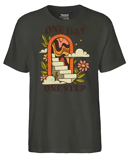 One Day One Step – Vintage Motivation Stairway Art - one day one step, progress illustration, motivational art print, self improvement design, vintage motivation art, personal growth artwork, step by step success, mental health motivation, positive progress art, retro inspirational, slow growth mindset, patience quote art, journey illustration, daily motivation art, encouragement design - Fairtrade T-Shirt