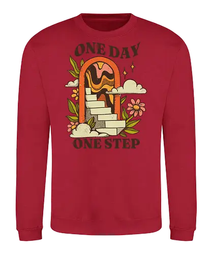 One Day One Step – Vintage Motivation Stairway Art - one day one step, progress illustration, motivational art print, self improvement design, vintage motivation art, personal growth artwork, step by step success, mental health motivation, positive progress art, retro inspirational, slow growth mindset, patience quote art, journey illustration, daily motivation art, encouragement design - Sweatshirt
