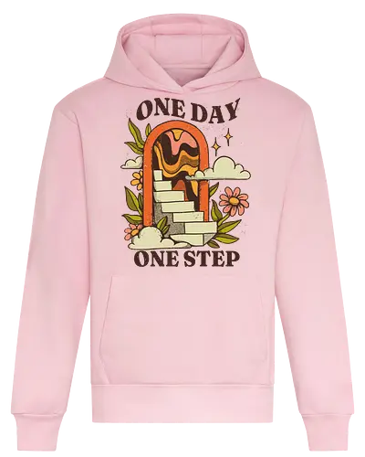 One Day One Step – Vintage Motivation Stairway Art - one day one step, progress illustration, motivational art print, self improvement design, vintage motivation art, personal growth artwork, step by step success, mental health motivation, positive progress art, retro inspirational, slow growth mindset, patience quote art, journey illustration, daily motivation art, encouragement design - Heavyweight Hoodie