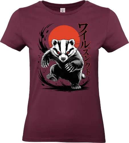 Japanese Badger | Japanischer Dachs - badger, japanese art, rising sun, animal illustration, fierce animal, samurai style, japanese typography, wildlife art, red sun, graphic design, dark art, animal warrior, streetwear art, vector illustration, japanese poster - Standard T-Shirt (Frauen)