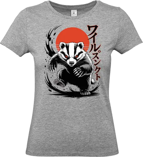Japanese Badger | Japanischer Dachs - badger, japanese art, rising sun, animal illustration, fierce animal, samurai style, japanese typography, wildlife art, red sun, graphic design, dark art, animal warrior, streetwear art, vector illustration, japanese poster - Standard T-Shirt (Frauen)