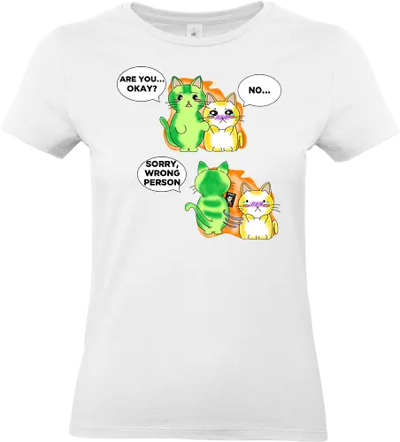 Kawaii-Sarkasmus Alles okay? Falsche Katze - kawaii, katzen, katzenhumor, dunkler humor, sarkasmus, lustig, anime, manga, japanischer stil, cartoon katze, comic stil, niedlich, schwarzer humor, wortspiel, missverständnis, ironisch, meme stil, popkultur, otaku, witziges motiv, funny design, geschenkidee, trendig, tierillustration, humorvoll - Standard T-Shirt (Frauen)