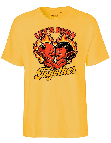 Valentines Burn Together - Valentine's Day, Valentine, Valentines Day, Valentines, Demon, Devil, Heart, Fire, Hell, Love, Romance, Romantic, Burning, Burn, Spooky, Creepy, Halloween, Scary, Traditional Tattoo, Tattoo, Old School Tattoo, Tattoos, Vintage, Retro, Retro Vintage - Fairtrade T-Shirt