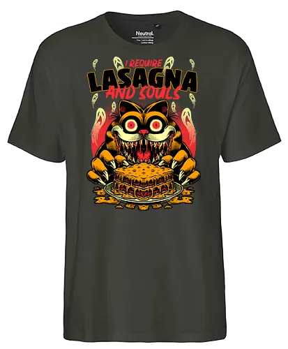Creepy Cat Lasagna  - Food, Fast Food, Lasagna, Soul, Demon, Devil, Hungry, Tv Show, Retro Vintage, Vintage, Internet, Meme, Memes, Comic, Comics, Tv Show, Movie, Animation, Creepy, Ghosts, Scary - Fairtrade T-Shirt