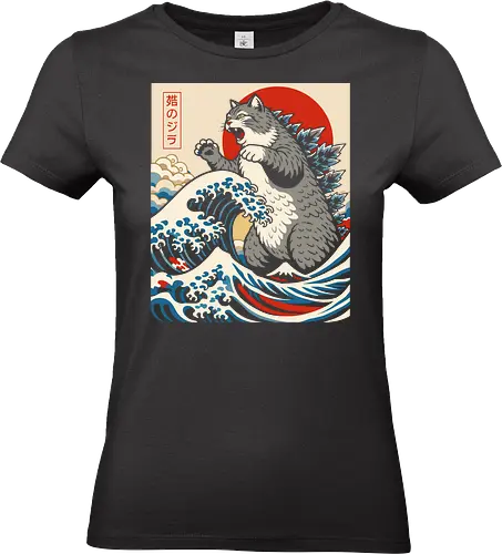 Catzilla: The Great Wave" Japanese Retro Kaiju Cat Graphic T-Shirt - catzilla shirt, the great wave cat, japanese kaiju cat t-shirt, funny catzilla graphic, ukiyo-e cat art, giant cat monster, retro japanese wave tee, funny anime cat clothing, kaiju parody shirt, cat lover gift, rising sun cat design, kanji cat t-shirt, oceanic cat monster, feline godzilla art, japanese woodblock parody, cute catzilla apparel, vintage wave graphic, hokusai cat mashup, ironic japanese art shirt - Standard T-Shirt (Frauen)
