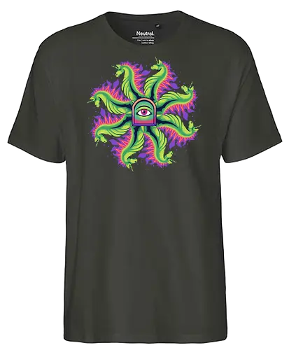 all seeing horse - horse, psychedelic, mushroom, magic, symmetry, geometric, illustration, year, zodiac, unicorn, myth, mythical, creature, monster, animal, angry, wild, beast - Fairtrade T-Shirt