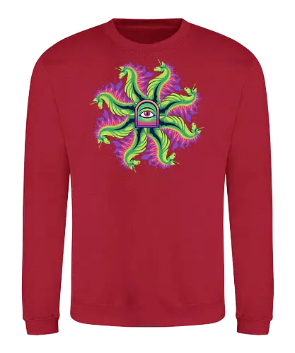 all seeing horse - horse, psychedelic, mushroom, magic, symmetry, geometric, illustration, year, zodiac, unicorn, myth, mythical, creature, monster, animal, angry, wild, beast - Sweatshirt