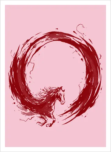 enso of red horse - horse, enso, zen, fire, flame, illustration, year, zodiac, unicorn, myth, mythical, creature, monster, animal, angry, wild, beast - Kunstdruck