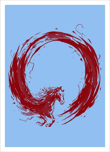 enso of red horse - horse, enso, zen, fire, flame, illustration, year, zodiac, unicorn, myth, mythical, creature, monster, animal, angry, wild, beast - Kunstdruck