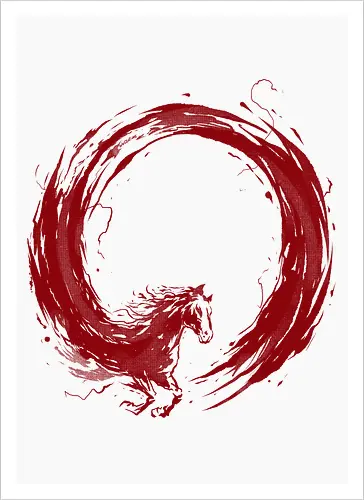 enso of red horse - horse, enso, zen, fire, flame, illustration, year, zodiac, unicorn, myth, mythical, creature, monster, animal, angry, wild, beast - Kunstdruck