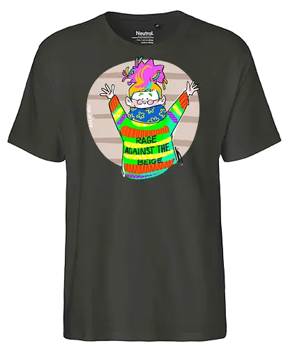 Rage against the beige - Ringelpullisprüche, Ringeldinger, streifenweise, Spruch, Weisheit, Motivation, Ringelpulli, SprücheShirt, Cartoon Illustration, Statement, Handgezeichnet, Humor, Selbstironie, Streifenpulli, Spruchshirt, deutsch - Fairtrade T-Shirt
