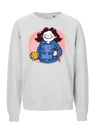 Kaffee, Kunst & Kalorien - Ringelpullisprüche, Ringeldinger, streifenweise, Spruch, Weisheit, Motivation, Ringelpulli, SprücheShirt, Cartoon Illustration, Statement, Handgezeichnet, Humor, Selbstironie, Streifenpulli, Spruchshirt, deutsch - Fairtrade Sweatshirt