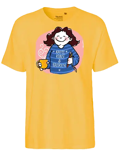 Kaffee, Kunst & Kalorien - Ringelpullisprüche, Ringeldinger, streifenweise, Spruch, Weisheit, Motivation, Ringelpulli, SprücheShirt, Cartoon Illustration, Statement, Handgezeichnet, Humor, Selbstironie, Streifenpulli, Spruchshirt, deutsch - Fairtrade T-Shirt