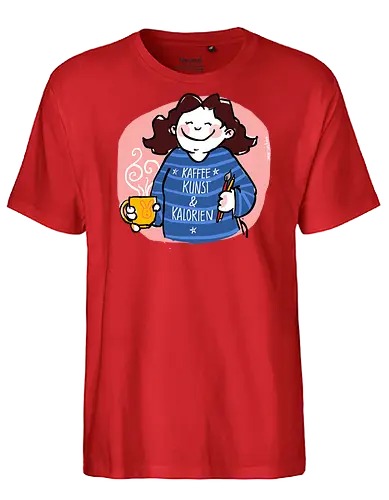 Kaffee, Kunst & Kalorien - Ringelpullisprüche, Ringeldinger, streifenweise, Spruch, Weisheit, Motivation, Ringelpulli, SprücheShirt, Cartoon Illustration, Statement, Handgezeichnet, Humor, Selbstironie, Streifenpulli, Spruchshirt, deutsch - Fairtrade T-Shirt