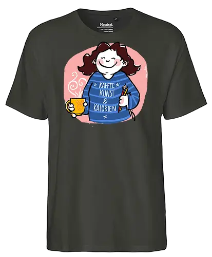 Kaffee, Kunst & Kalorien - Ringelpullisprüche, Ringeldinger, streifenweise, Spruch, Weisheit, Motivation, Ringelpulli, SprücheShirt, Cartoon Illustration, Statement, Handgezeichnet, Humor, Selbstironie, Streifenpulli, Spruchshirt, deutsch - Fairtrade T-Shirt