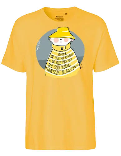 Sommer in Ostfriesland... - Ringelpullisprüche, Ringeldinger, streifenweise, Spruch, Weisheit, Motivation, Ringelpulli, SprücheShirt, Cartoon Illustration, Statement, Ostfriesland, Nordsee, Handgezeichnet, Humor, Selbstironie, Streifenpulli, Spruchshirt, deutsch - Fairtrade T-Shirt