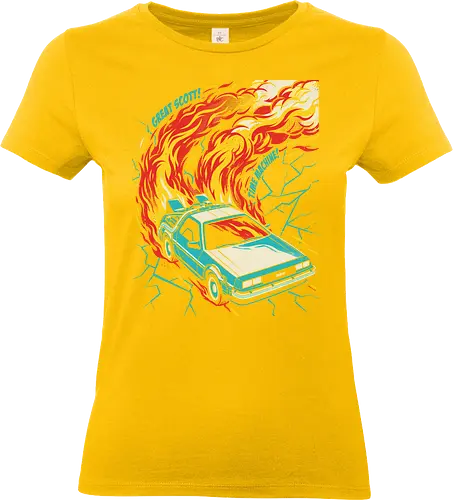 Retro Time Machine DeLorean Pop Art - great scott shirt, time machine t-shirt, retro delorean graphic tee, 80s sci-fi movie apparel, time travel fan art, vintage movie car shirt, back to the future vibes, 1980s nostalgia clothing, fire trails car design, pop art movie tee, cinematic vehicle graphic, geek culture streetwear, futuristic retro car top, classic sci-fi quote shirt, teal and orange car art, time machine illustration, movie enthusiast gift, retro action movie merch, iconic 80s film t-shirt - Standard T-Shirt (Frauen)